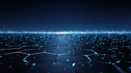 glowing hexagonal energy tile virtual space with blue horizon abstract futuristic scifi environment