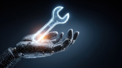 futuristic digital hand presents a glowing wrench icon symbolizing innovation and technical support