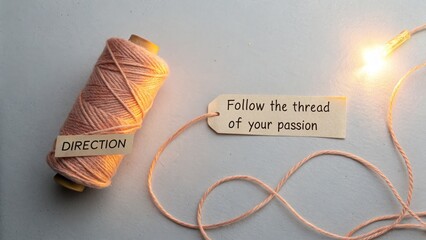 Pink Thread Spool and Tag Displaying Motivational Message