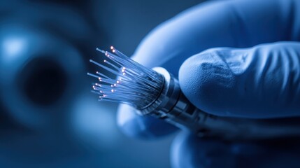fiber optic technology connector being handled with gloved hand for secure data transmission between devices in clean environment