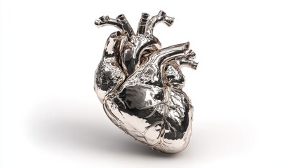 human heart organ in shiny chrome metal representing health love and powerful technology 3d rendering isolating subject