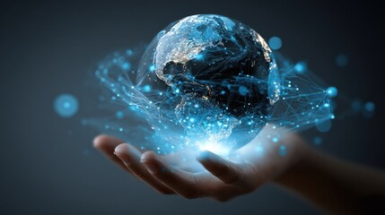 futuristic concept of global technology with a hand holding a glowing blue digital earth surrounded by a data network and abstract world map
