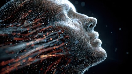 holographic human head with code streams and light beams in an artificial intelligence theme