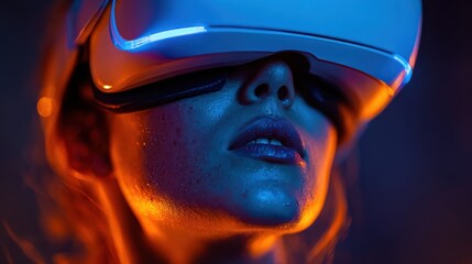 futuristic woman wearing a glowing vr headset exploring the metaverse cyberpunk concept with neon blue and orange lights