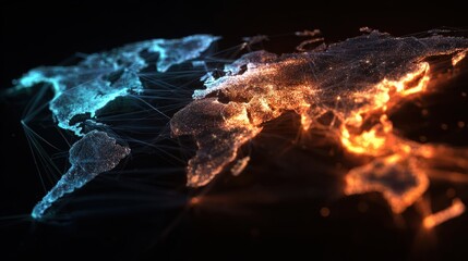 abstract futuristic world map made of glowing digital particles representing global network connections data flow and modern communication technology