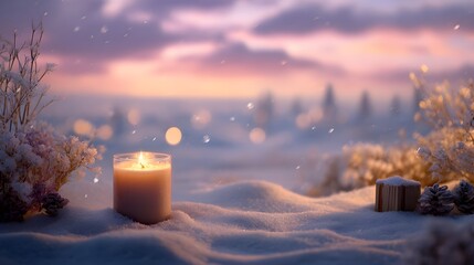 雪景色の屋外に灯るキャンドルの背景