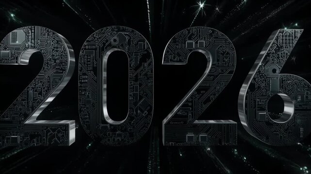 The year 2026 rendered with circuit board design in a dark, luminous, techy scene