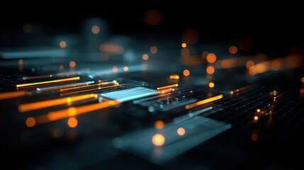 futuristic digital interface with glowing blue and orange holographic rectangles and lines representing data or technology connections on a dark background