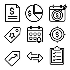 Annual Budget Icons. Personal Annual Budget linear set: income icon, spending categories, monthly tracker, savings goal, priority tag, bill reminder, cashflow arrow, review sheet.