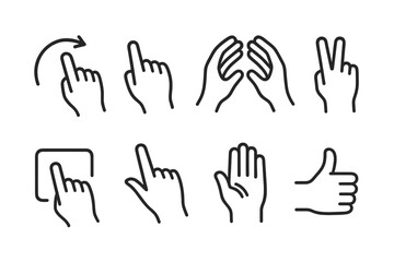 Educational Hand Gestures. Educational hand motions linear set: explain-with-hand arc, highlight tap, grouping gesture, spacing cue, form-shape motion, adjust-angle sign, attention