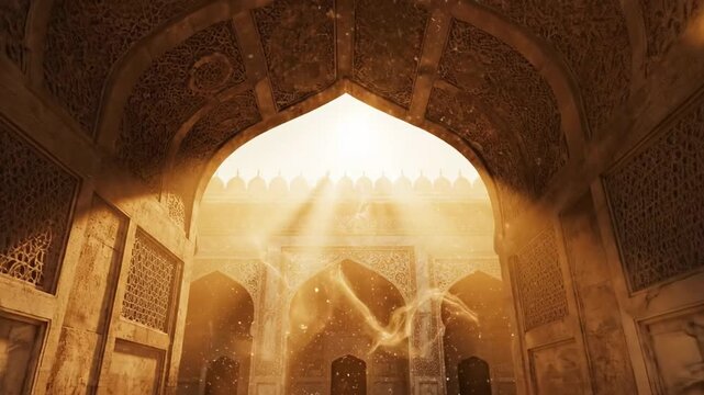 Cinematic ancient Islamic archway with golden divine light rays and floating particles