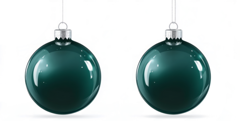 two hanging dark green christmas ornaments, on a transparent background