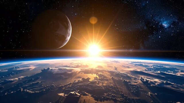 Majestic View of Sunrise Over Earth From Space Featuring Stars and Distant Moon in Dark Background with Warm Golden Lighting and Atmospheric Perspective