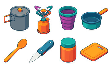 Trail Cooking Gear. Trail cooking setup flat isometric set: titanium pot, compact burner, silicone cup, simmer pan, mixing spoon, utility knife, food jar, small cutting board.