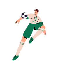 Soccer player training to kick, hit, bounce ball with his foot. Professional sportsman in uniform plays football match, sport game championship. Flat isolated vector illustration on white background.