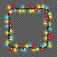Christmas and New Year border garland. Glowing vector frame light bulbs isolated on transparent background for holiday decoration banner, poster, greeting card.