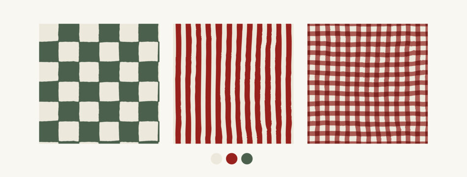 Christmas tartan seamless pattern set with cozy cottagecore aesthetic. Retro hand drawn charming cottage core gingham backgrounds collection. Vintage plaid pattern set, green and red wallpaper