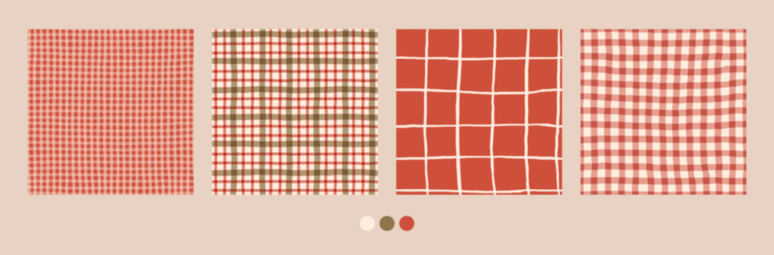 Christmas tartan seamless pattern set with cozy cottagecore aesthetic. Retro hand drawn charming cottage core gingham backgrounds collection. Vintage plaid pattern set, green and red wallpaper