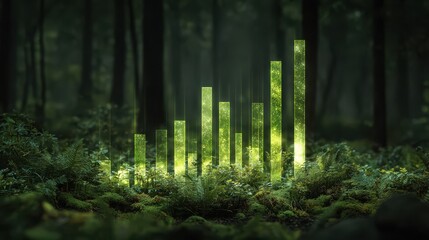 vertical bar graph with glowing green elements in a forest symbolizing sustainable business growth ecoinnovation and environmental progress for a greener future