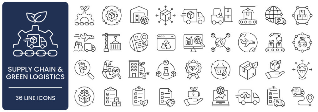 Sustainable Supply Chain and Green Logistics Line Icon Set, Editable Stroke. Collection of eco, delivery, shipping, transport, warehouse, recycling, packaging, carbon footprint, and energy symbols.