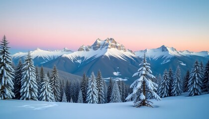 Snow-covered mountain landscape at dusk with a pastel sky and evergreen trees