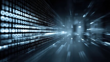 digital binary data flow into a futuristic screen on a blurred background representing modern tech and lightbased information systems concept