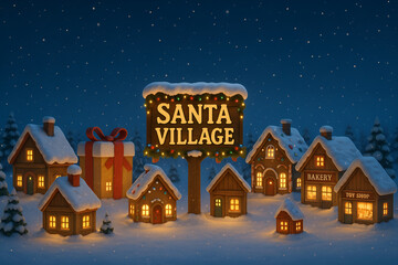 Enchanting winter Christmas night scene with illuminated Santa Village sign wrapped gifts and snowy cottages