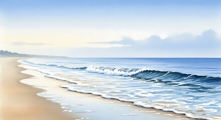 Obraz premium Peaceful watercolor seascape of gentle waves on a sandy beach.