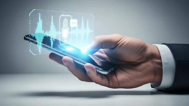 Male Hand Holding Smartphone with Holographic Audio Interface Against White Background