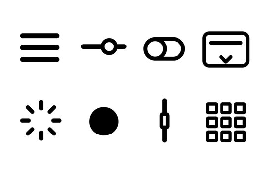 UI Element Outlines. User Interface Essentials Set linear set: menu panel, slider bar, toggle switch, dropdown list, progress spinner, notification dot, scrollbar grip, layout grid