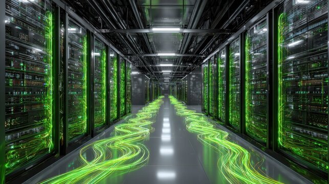 modern data center interior with multiple connected server racks vibrant green cables forming intricate patterns led lights glowing conveying sense of digital connectivity