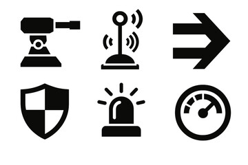 Autonomous Defense Icons. Autonomous Defense Mechanisms silhouette set: automated turret, sensor array icon, threat detection arrow, protective shield tile, alert signal ring,