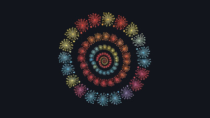 Colorful Swirl of Fireworks: A vibrant and dynamic display of fireworks artfully arranged in a mesmerizing spiral, igniting the night sky with a kaleidoscope of color and wonder.