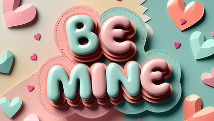 Be Mine playful bubble letter typography with confetti hearts - cute rounded type, layered paper-cut look, shadowed cutout, cheerful Valentine's Day print for kids and gifts valent