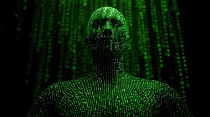 a digital human figure covered in green binary code on a dark background symbolizing the fusion of technology and humanity