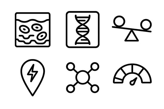 Regenerative Systems Icons. Regenerative Aging Systems linear set: tissue maintenance icon, genetic stability tile, homeostasis balance arrow, cellular turnover node, damage