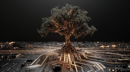 futuristic tree growing from a circuit board symbolizing technology innovation and digital growth ideal for ai electronics and hightech concept visuals