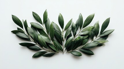 Obraz premium olivegreen leaves arranged in a fan shape on white background minimalist still life natureinspired decor