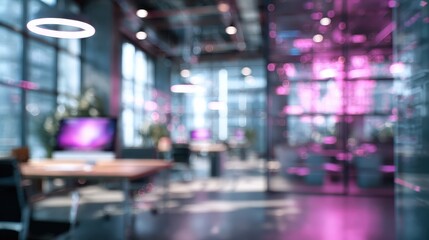 modern neon cyberpunk open space office interior blurred with information technology overlay corporate strategy for finance operations marketing tables with computers for work generative ai