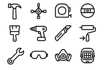 Fototapeta premium Tool Icon Set. House Renovation Gear linear set: claw hammer tile, multi-head screwdriver node, tape measure bar, bubble level ring, paint brush patch, drill machine stripe,