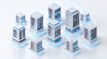 minimalist isometric illustration of a data mining process set against a pure white background featuring sleek futuristic servers with softly glowing blue accents arranged in a gridlike pattern