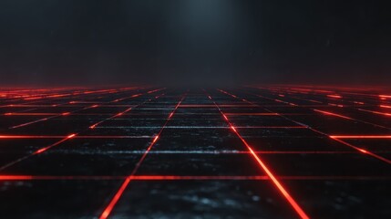 a dark futuristic grid with glowing neon lines creating a sense of depth and perspective in a cyberpunk style