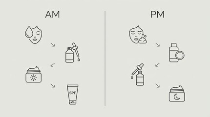 A simple skincare routine diagram illustrating morning (AM) and evening (PM) steps with products like moisturizers, serums, and SPF.