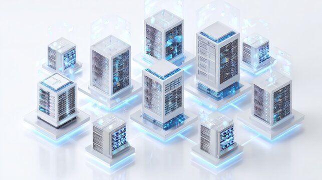 minimalist isometric illustration of a data mining process set against a pure white background featuring sleek futuristic servers with softly glowing blue accents arranged in a gridlike pattern - Powered by Adobe