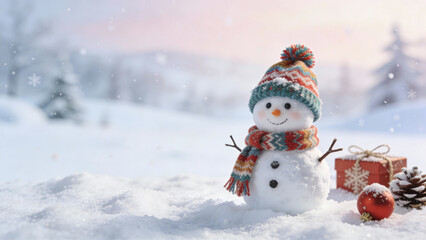 Realistic Little Snowman Wearing Cap and Scarf on Snowy Winter Background &mdash; Christmas Card Concept