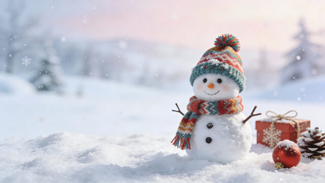 Realistic Little Snowman Wearing Cap and Scarf on Snowy Winter Background &mdash; Christmas Card Concept
