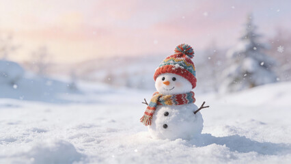 Realistic Little Snowman Wearing Cap and Scarf on Snowy Winter Background &mdash; Christmas Card Concept