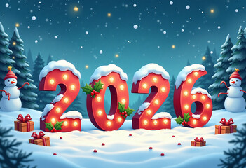 Red numbers 2026 standing in snowy winter forest with falling snow surrounded by festive atmosphere. concept of holiday marketing, seasonal advertising, winter design.