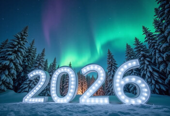 Glowing numbers 2026 standing in snowy winter forest under vivid northern lights in dark night sky. Concept of holiday marketing, outdoor event, winter tourism.