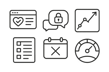 Healthcare Dashboard Icons. Patient Experience Dashboard linear set: health status tile, secure messaging icon, interactive tracker arrow, survey panel, appointment tile,